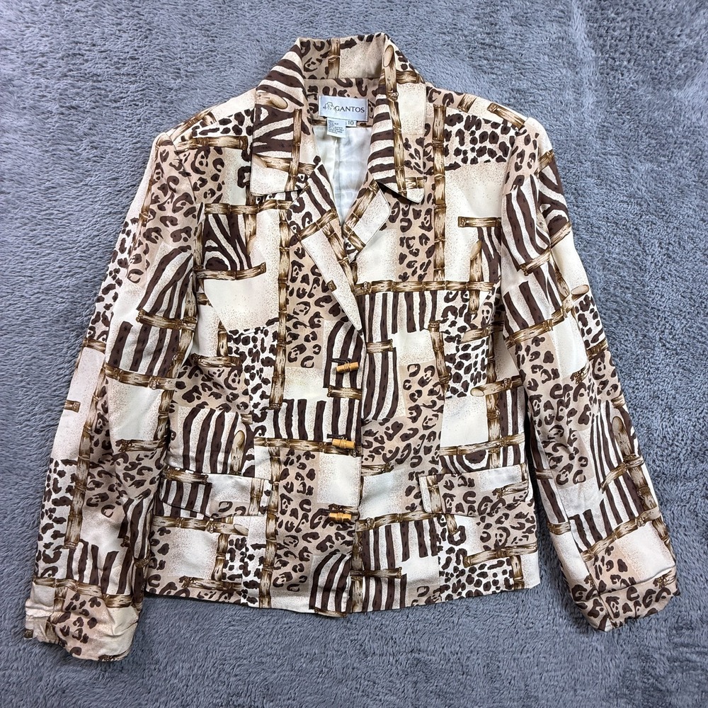 Gantos Safari Silk Jacket Top Womens 10 Vintage 90s Button Front
